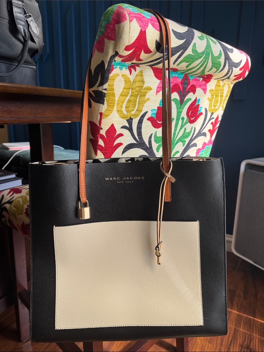 Marc Jacobs Black & Cream Leather Color Block Tote with Tan Straps